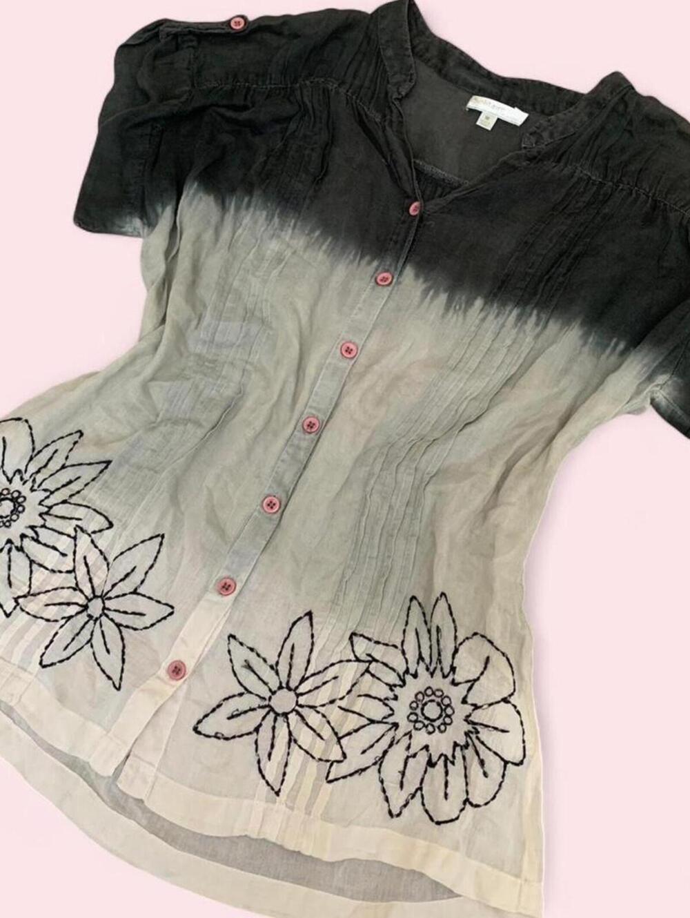 Pleated and embroidered whimsy top, with an ombré dye finish